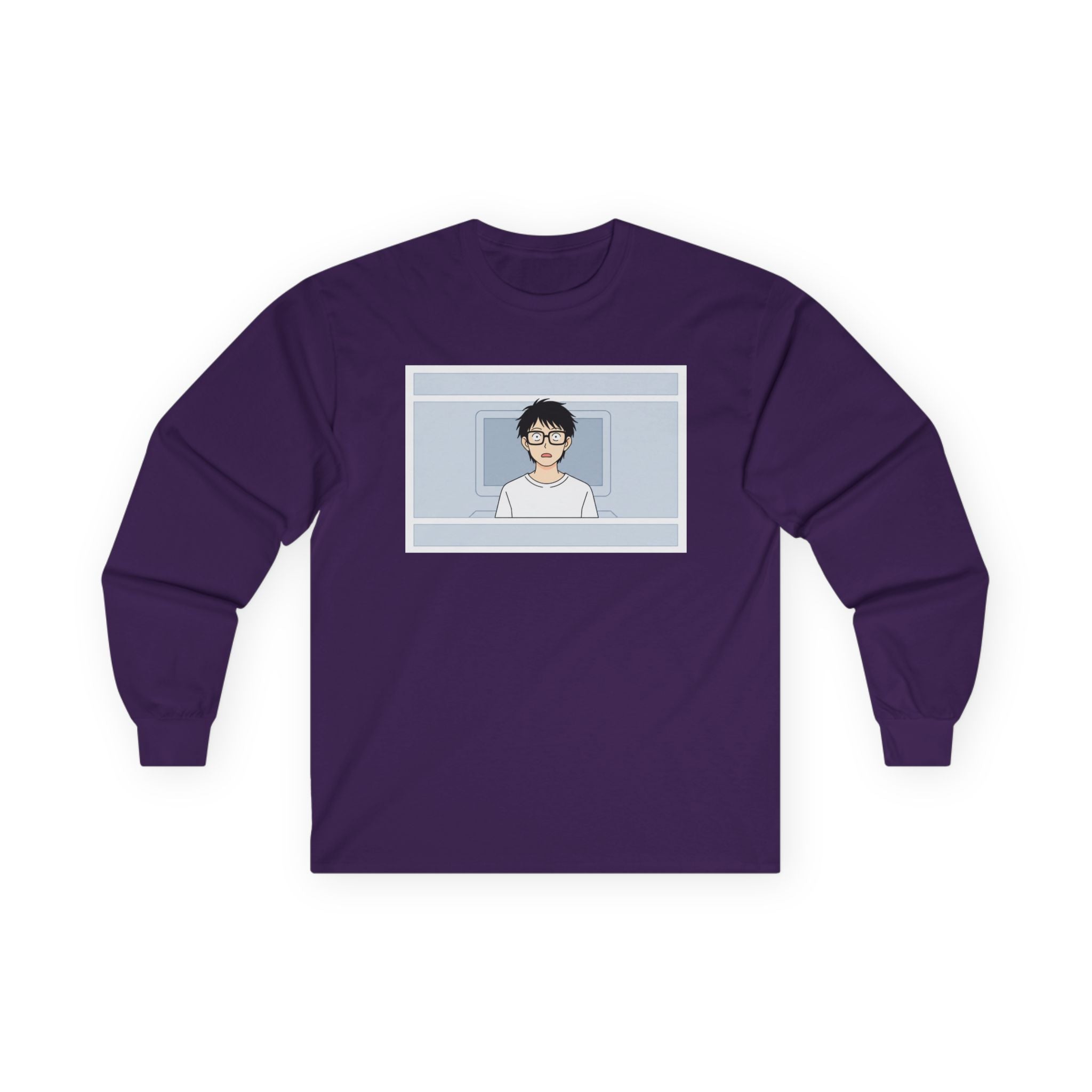 Clueless Otaku Guy Long Sleeve Tee — Minimalist Window Portrait Graphic - Adult