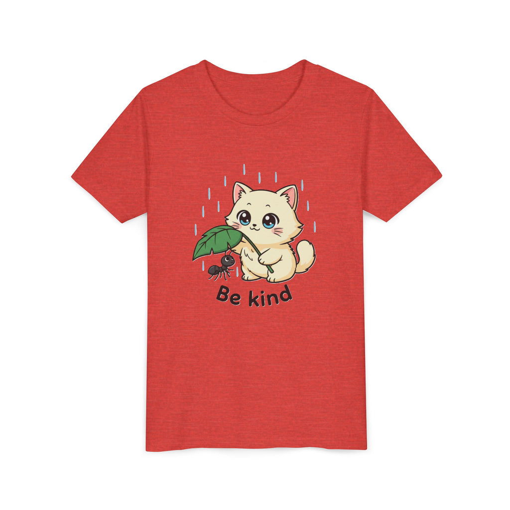 Youth Tee — Cute Kitten Holding Leak Umbrella over Ant with 'Be Kind' Message - Kids
