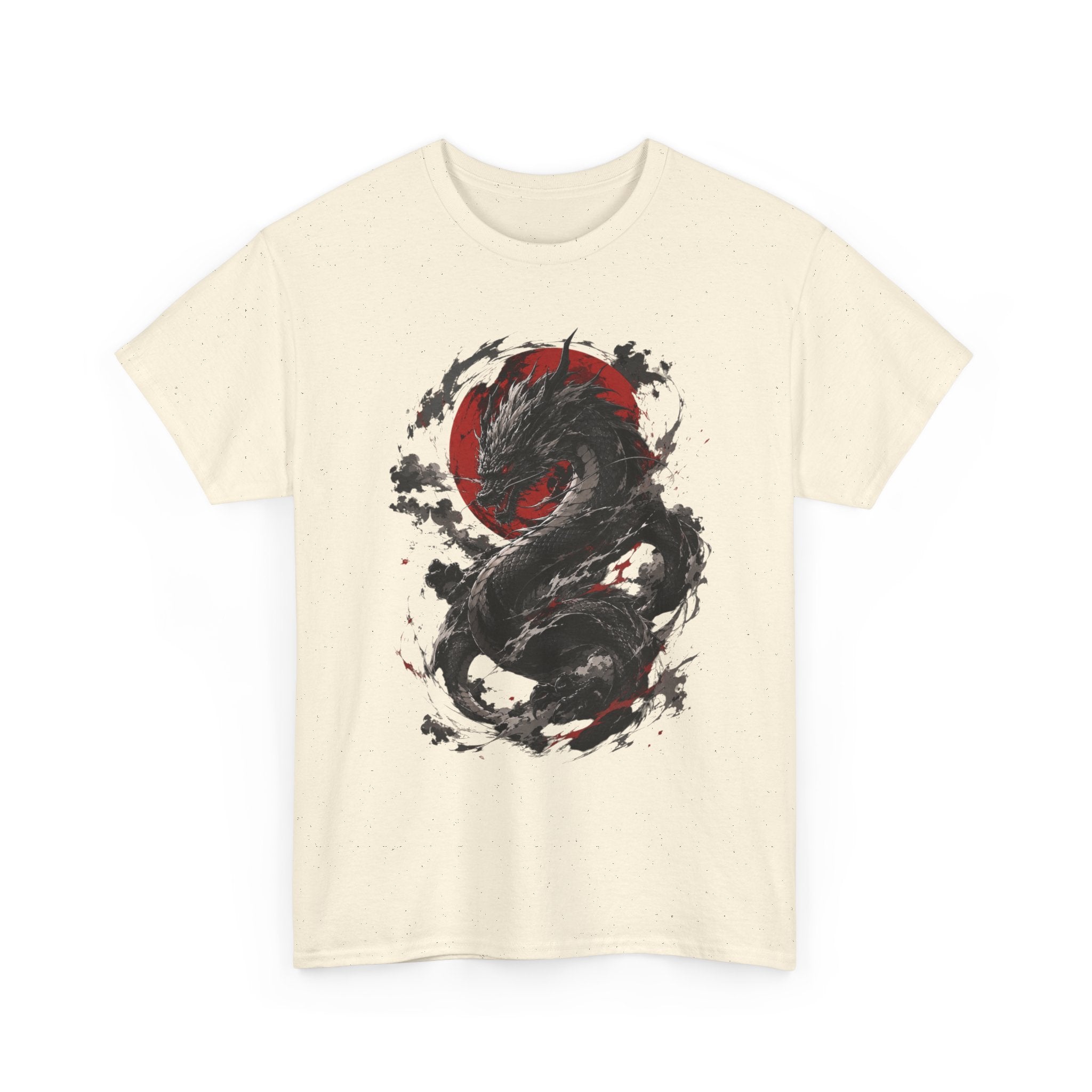 Dragon Moon T‑Shirt — Black Ink Serpent with Red Sun Graphic - Adult