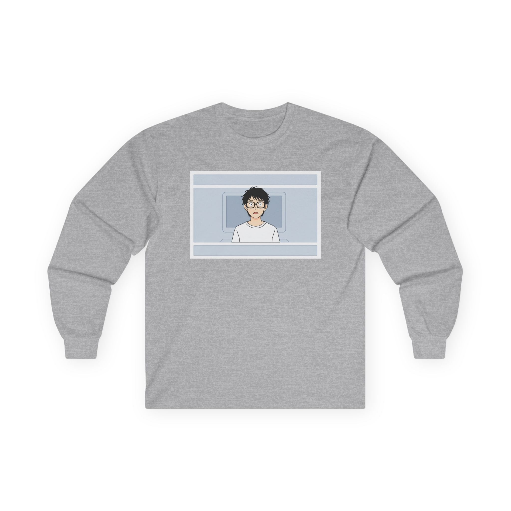 Clueless Otaku Guy Long Sleeve Tee — Minimalist Window Portrait Graphic - Adult