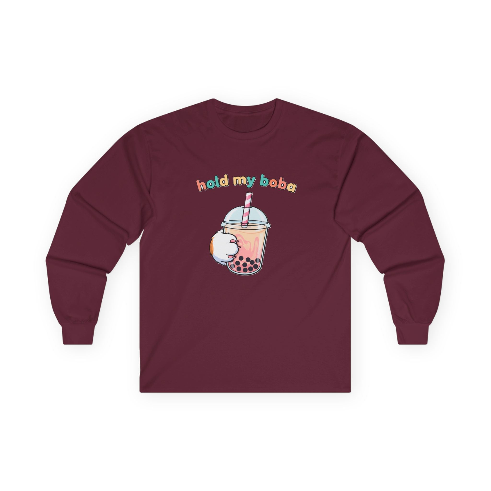 Boba Cat Long Sleeve Tee — "Hold My Boba" Cute Bubble Tea Shirt - Adult