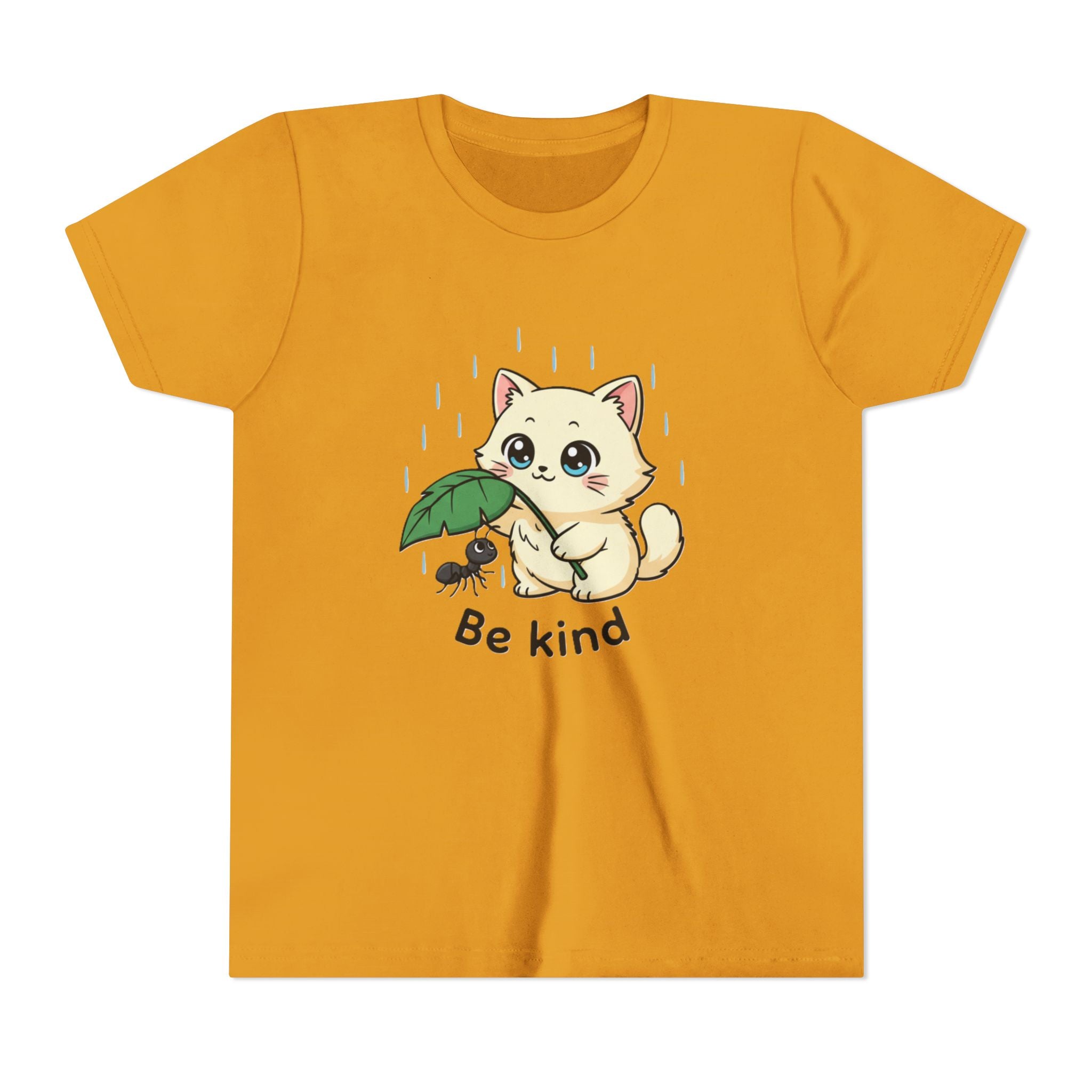 Youth Tee — Cute Kitten Holding Leak Umbrella over Ant with 'Be Kind' Message - Kids
