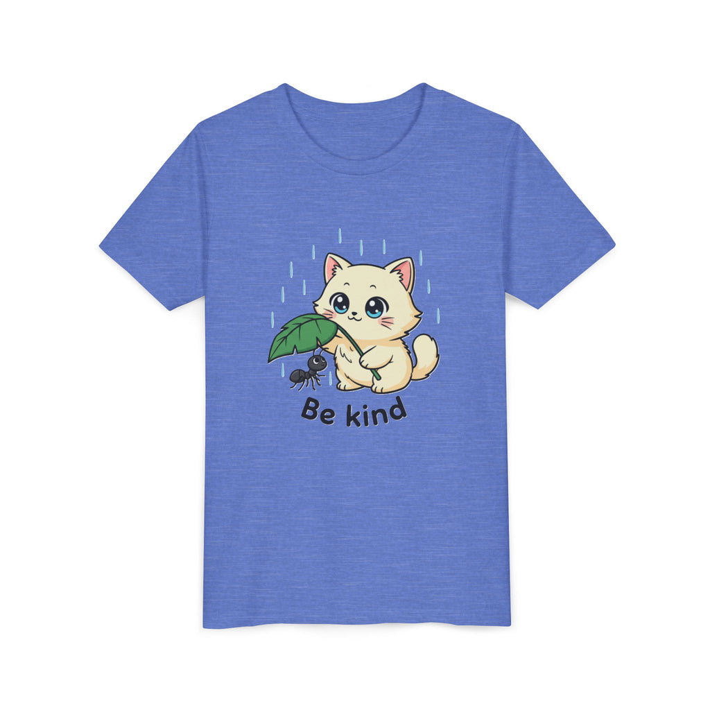 Youth Tee — Cute Kitten Holding Leak Umbrella over Ant with 'Be Kind' Message - Kids