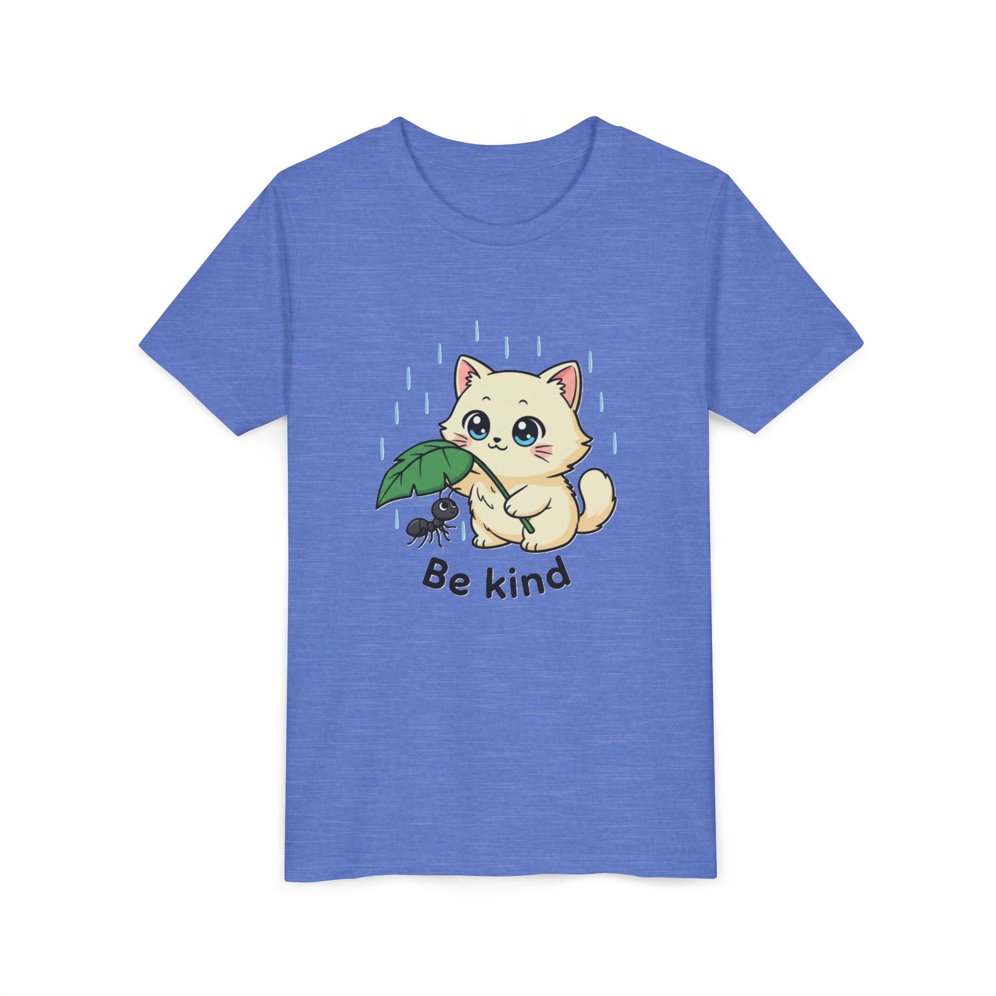 Youth Tee — Cute Kitten Holding Leak Umbrella over Ant with 'Be Kind' Message - Kids