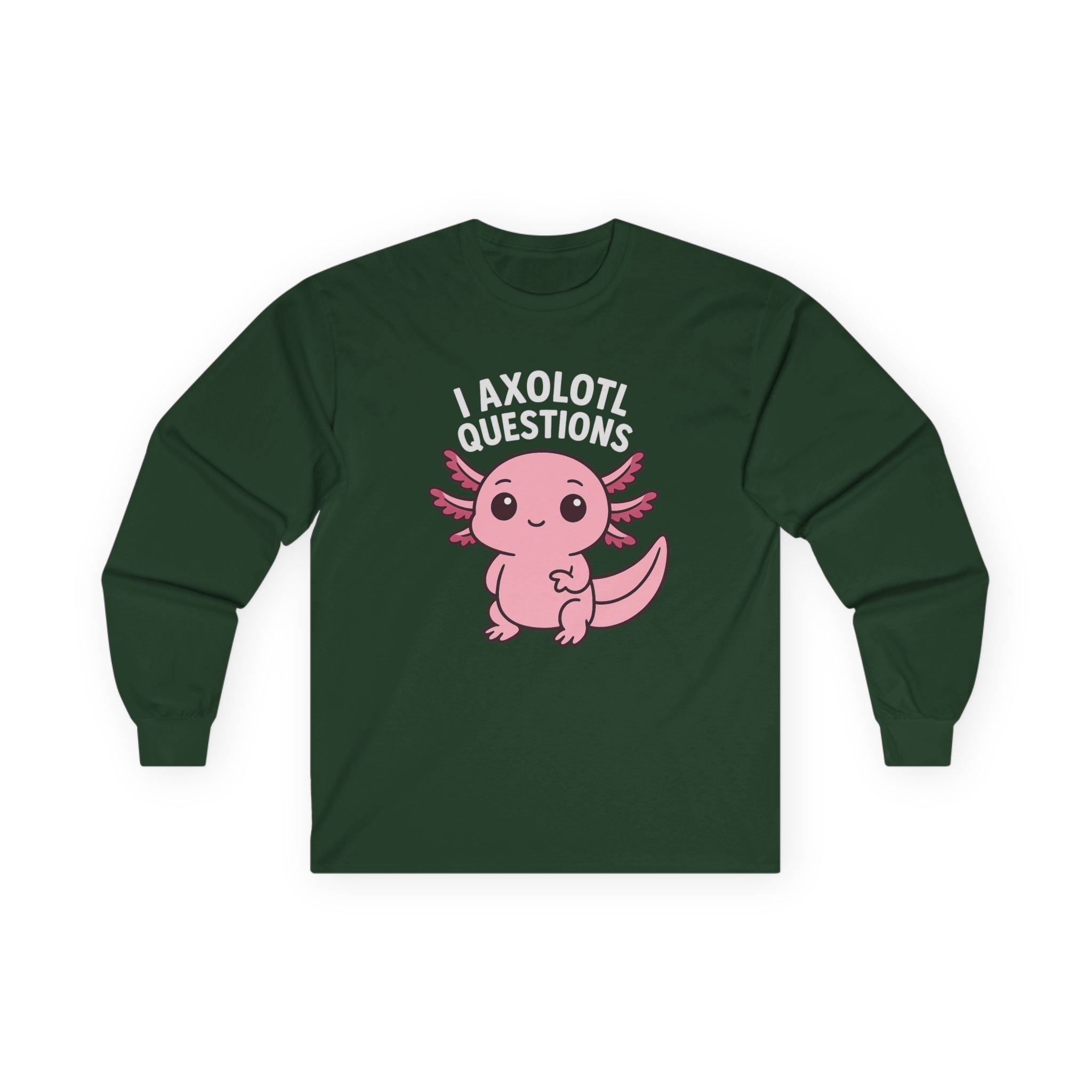Cute Pink Axolotl Long Sleeve Tee — "I Axolotl Questions" Graphic Salamander Shirt - Adult