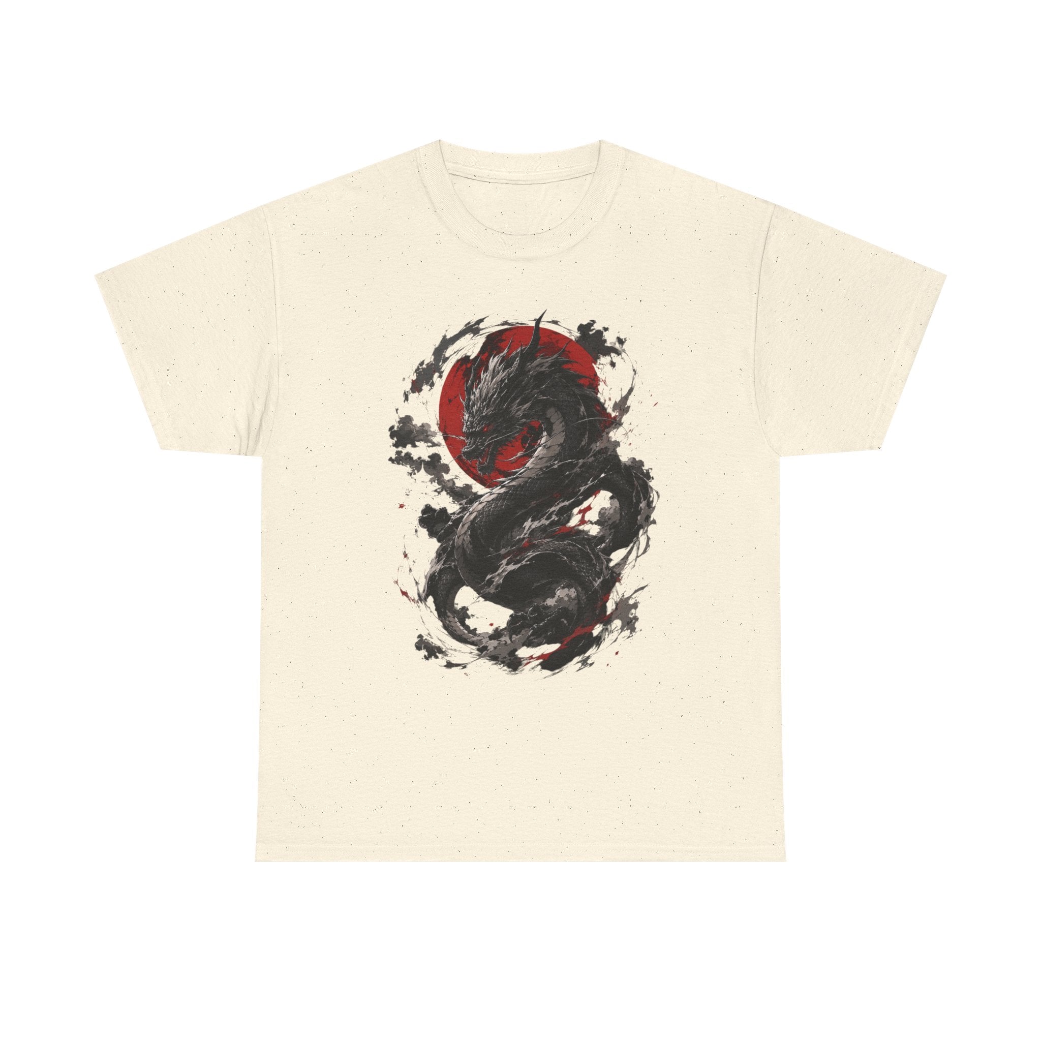 Dragon Moon T‑Shirt — Black Ink Serpent with Red Sun Graphic - Adult
