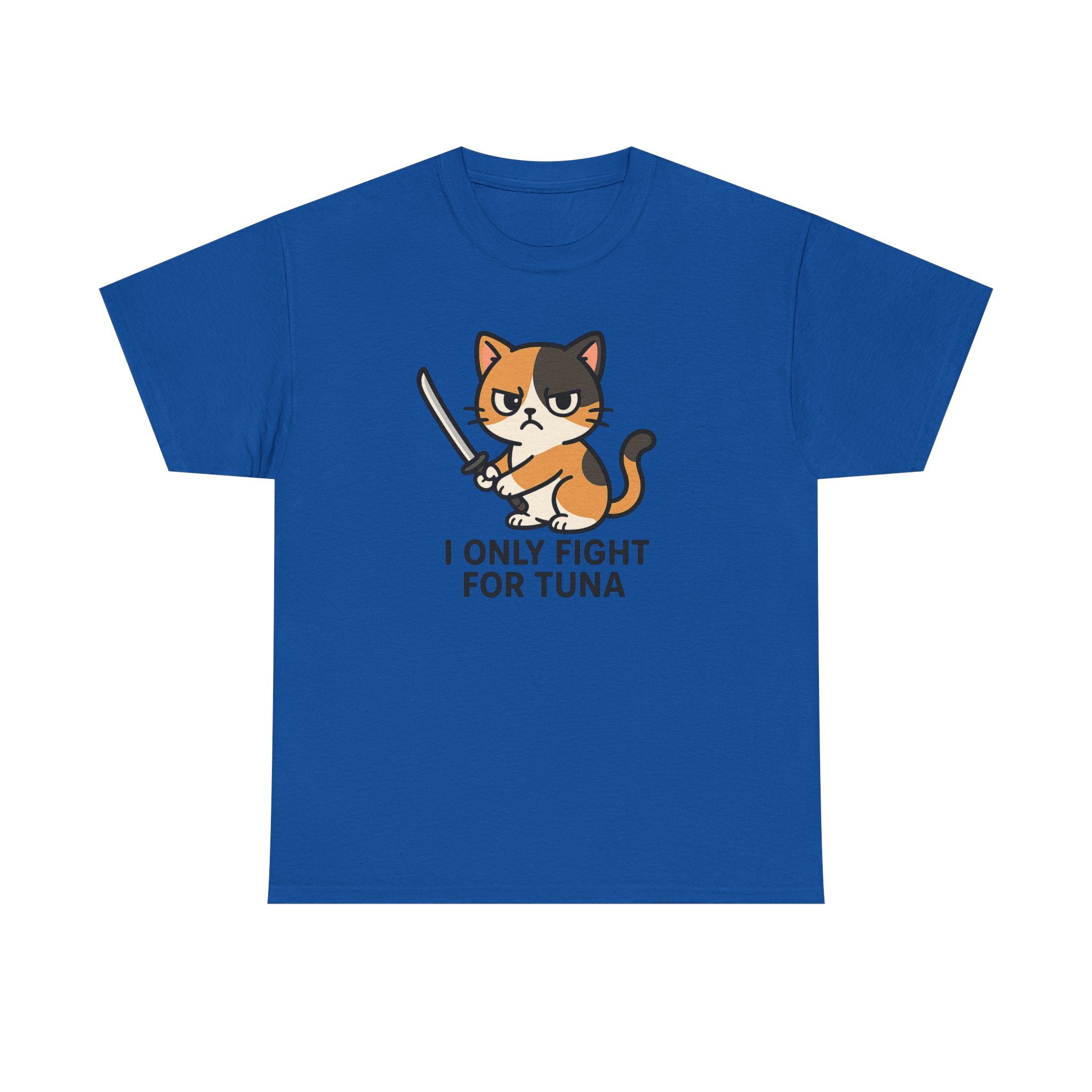 Cat Sword T-Shirt — "I Only Fight for Tuna" Cute Samurai Cat Tee - Adult