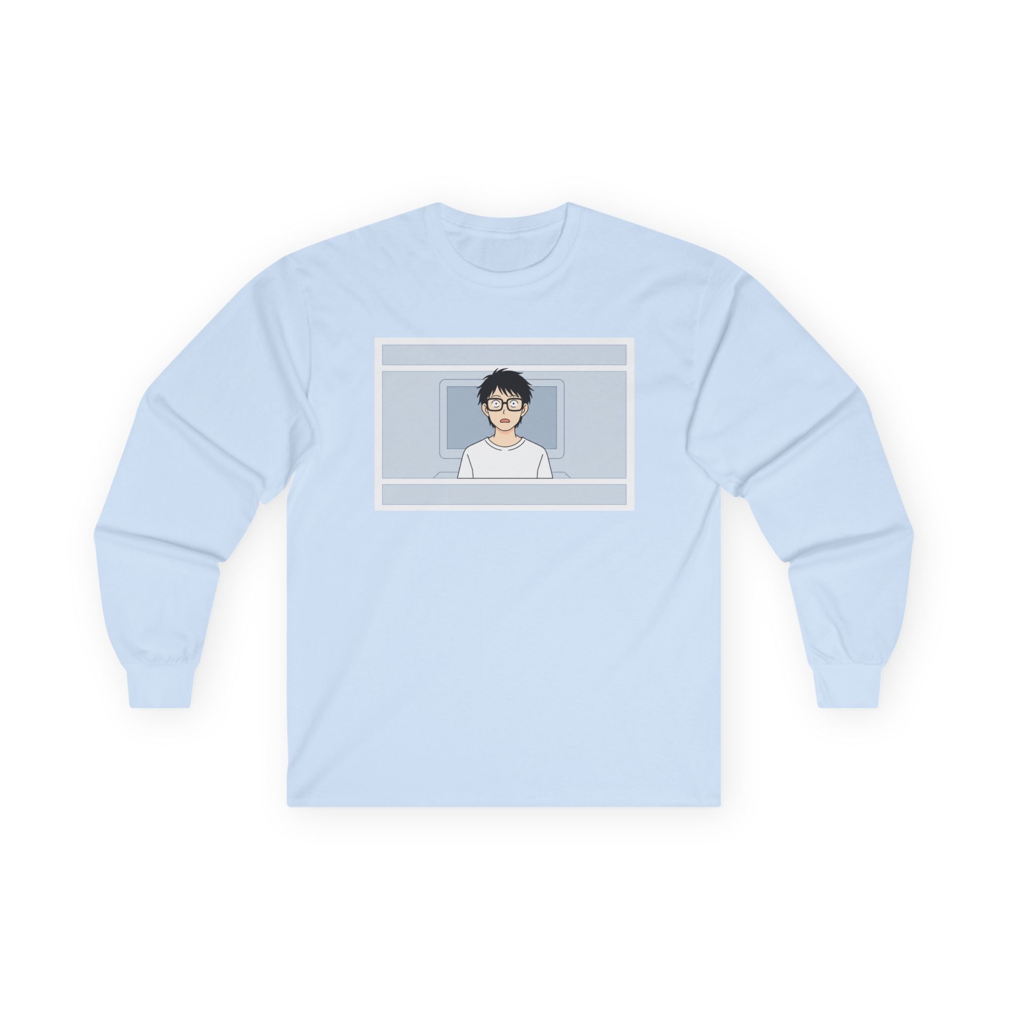 Clueless Otaku Guy Long Sleeve Tee — Minimalist Window Portrait Graphic - Adult