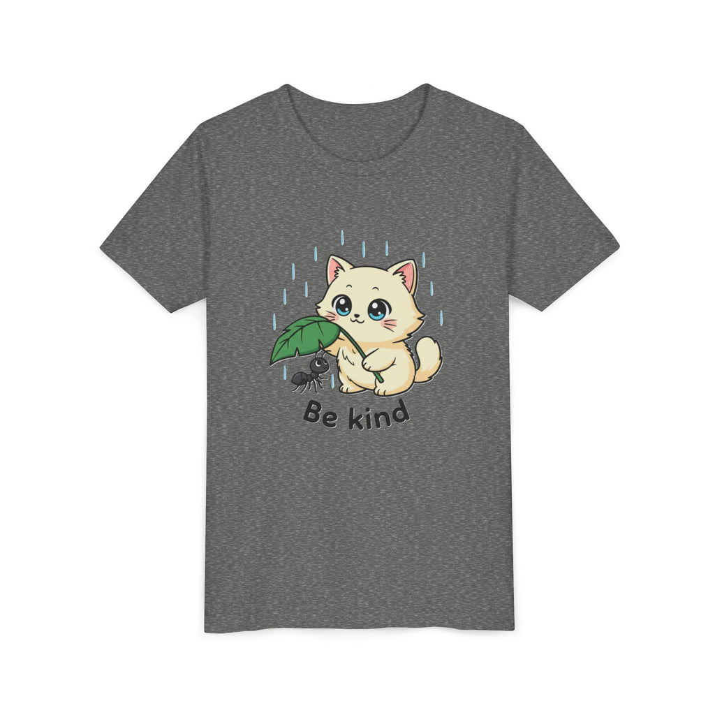 Youth Tee — Cute Kitten Holding Leak Umbrella over Ant with 'Be Kind' Message - Kids