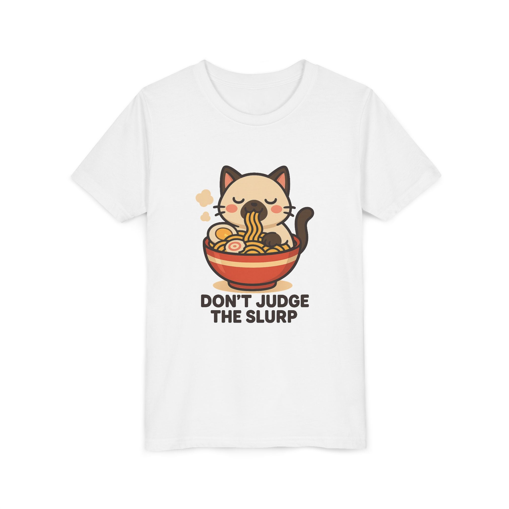 Youth Tee — Cute Cat Eating Ramen 'Don't Judge The Slurp' Graphic Shirt