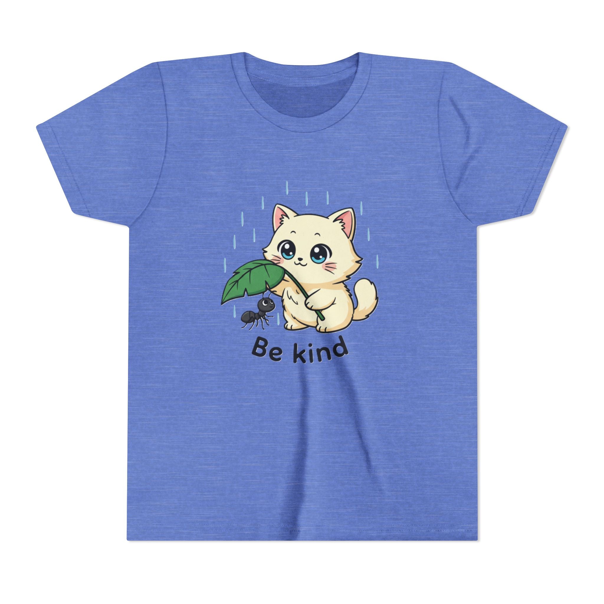 Youth Tee — Cute Kitten Holding Leak Umbrella over Ant with 'Be Kind' Message - Kids