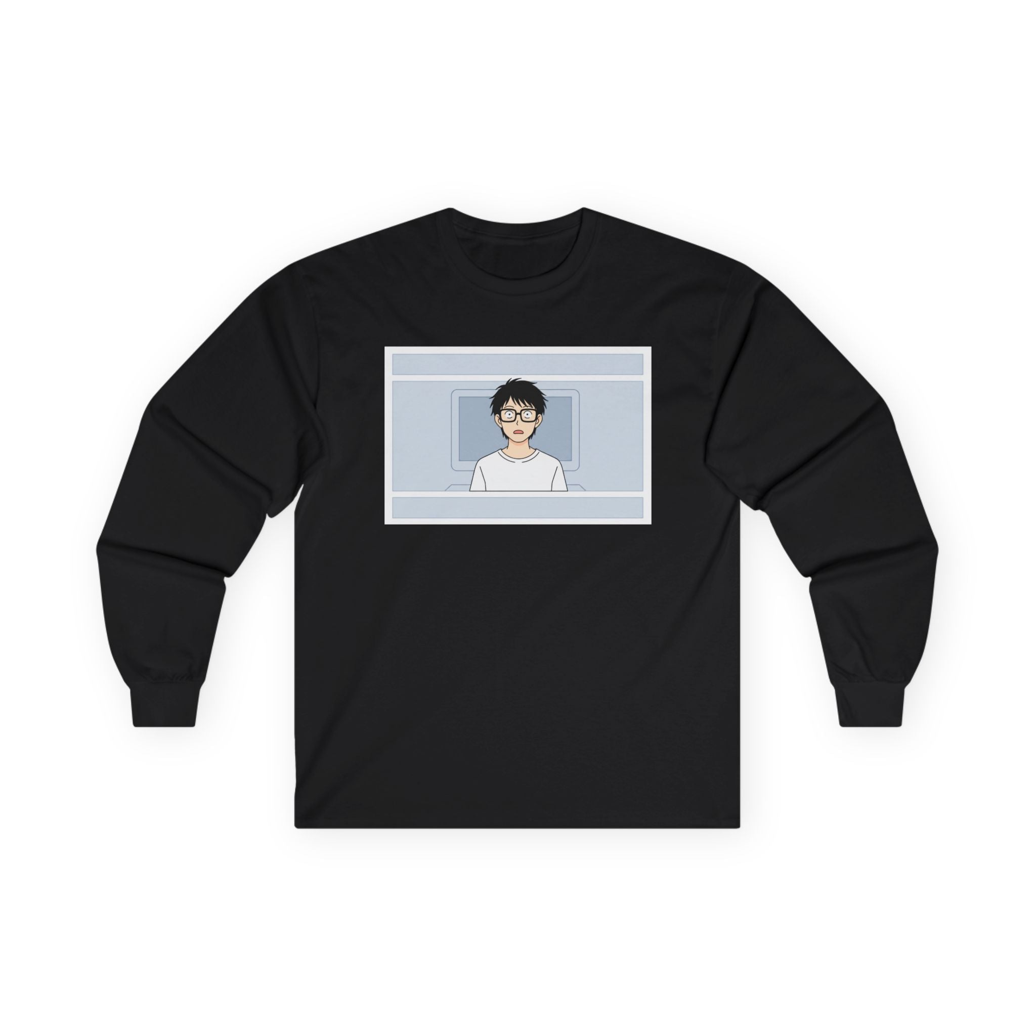 Clueless Otaku Guy Long Sleeve Tee — Minimalist Window Portrait Graphic - Adult