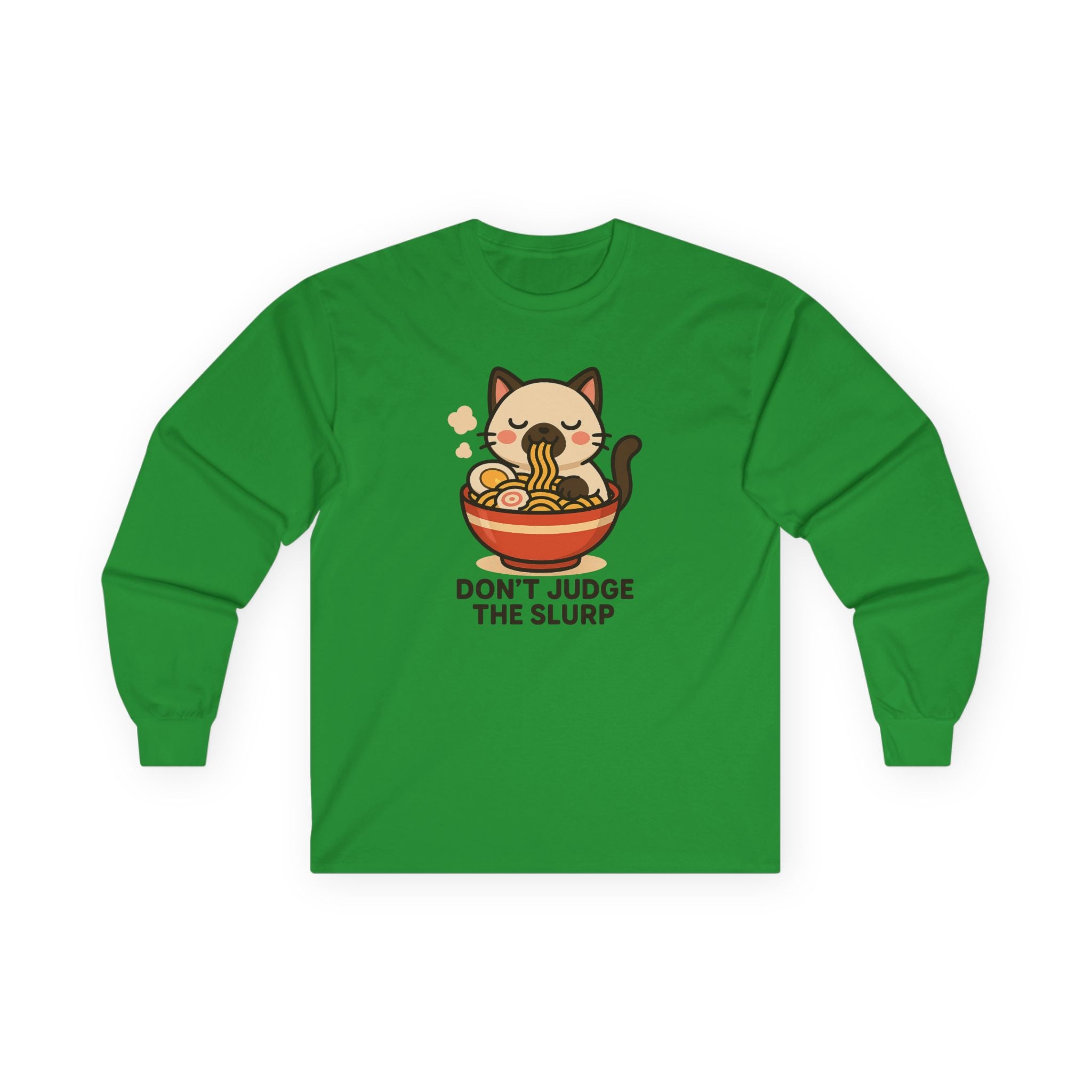 Ramen Cat Long Sleeve Tee — "Don't Judge the Slurp" Cute Anime Noodle Shirt - Adult
