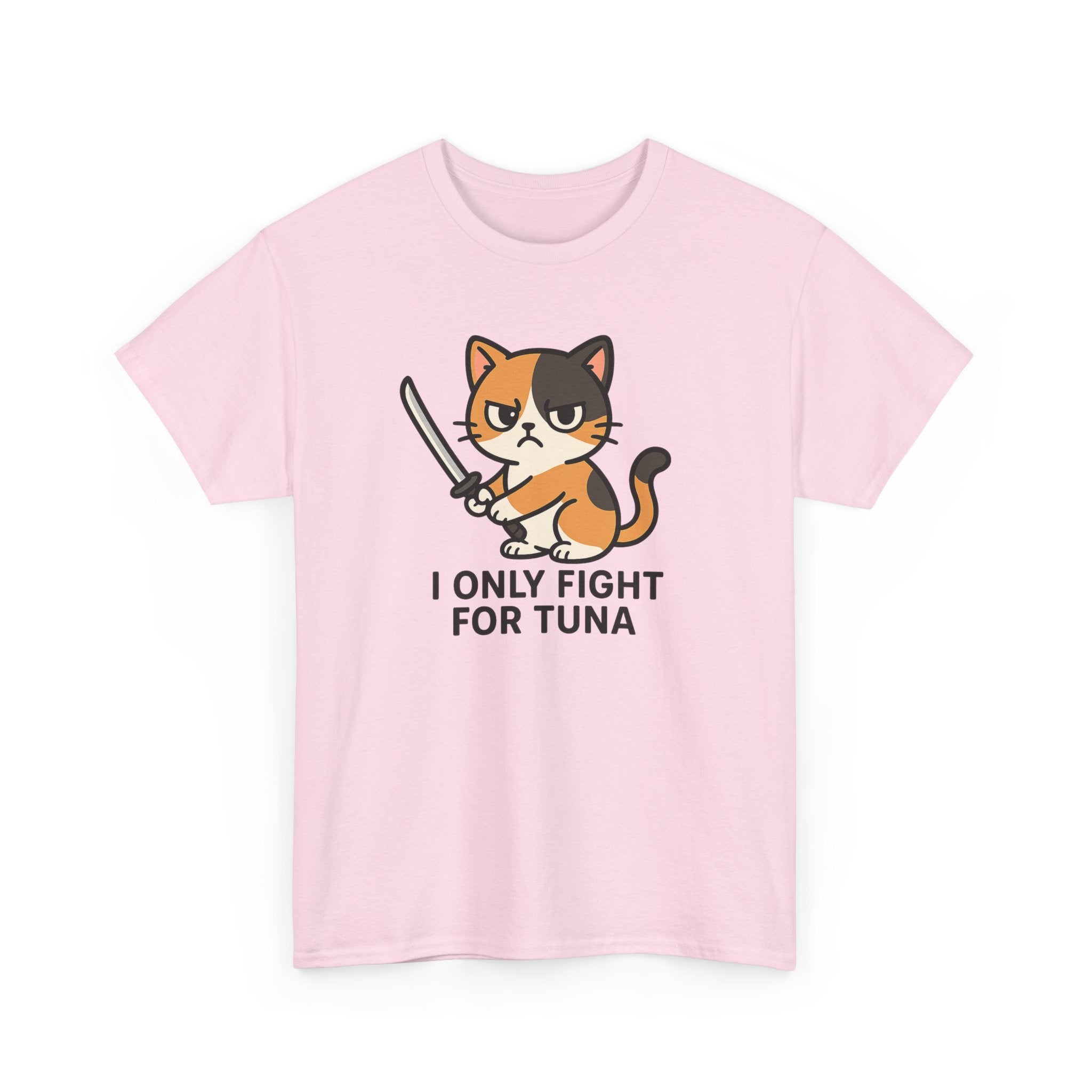 Cat Sword T-Shirt — "I Only Fight for Tuna" Cute Samurai Cat Tee - Adult