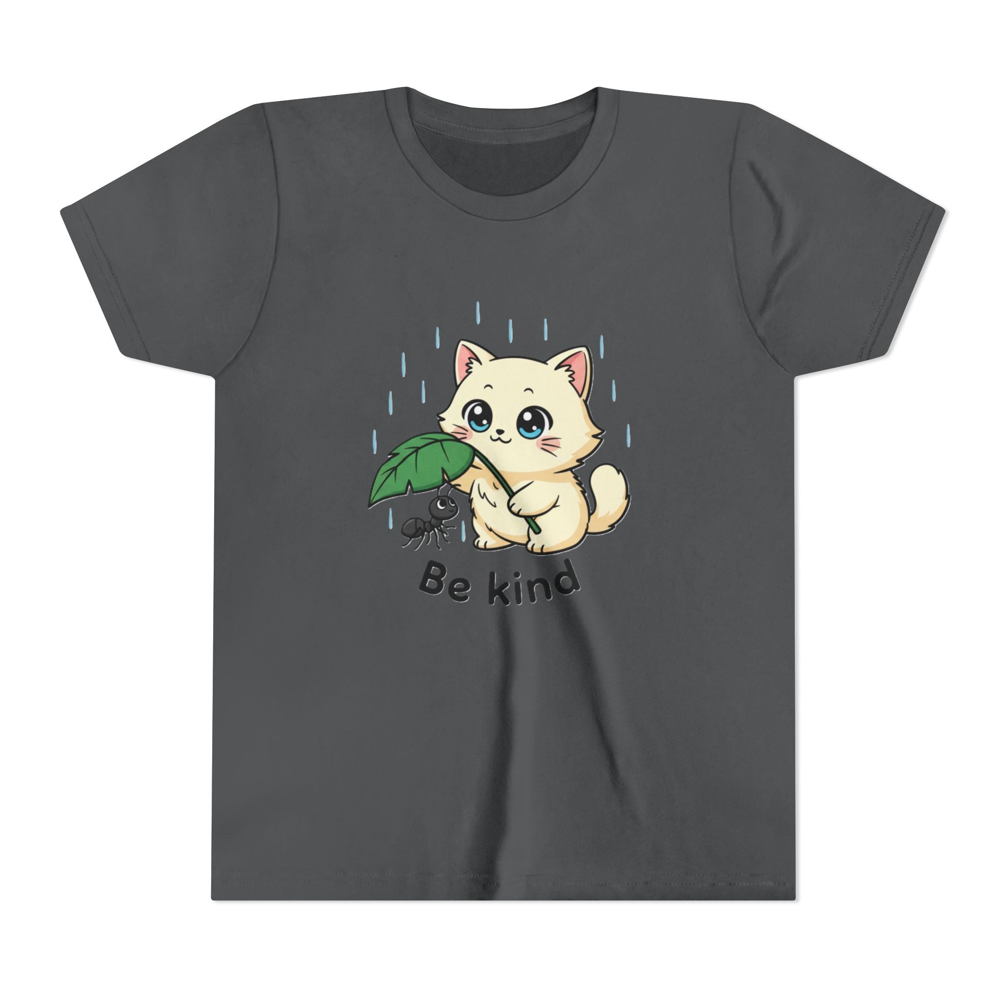 Youth Tee — Cute Kitten Holding Leak Umbrella over Ant with 'Be Kind' Message - Kids