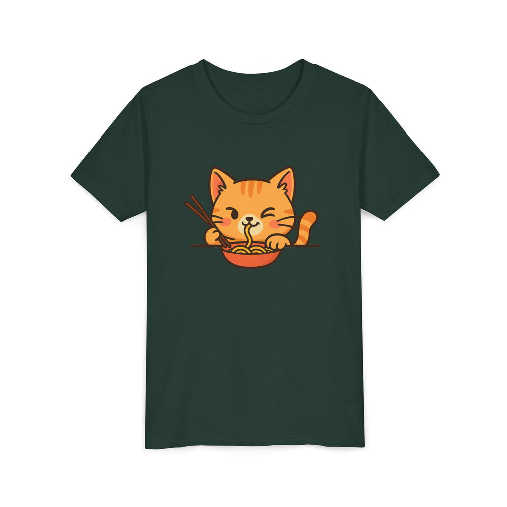 Kids Cat Eating Ramen T-Shirt – Cute Anime Noodle Kitty Youth Tee - Kids
