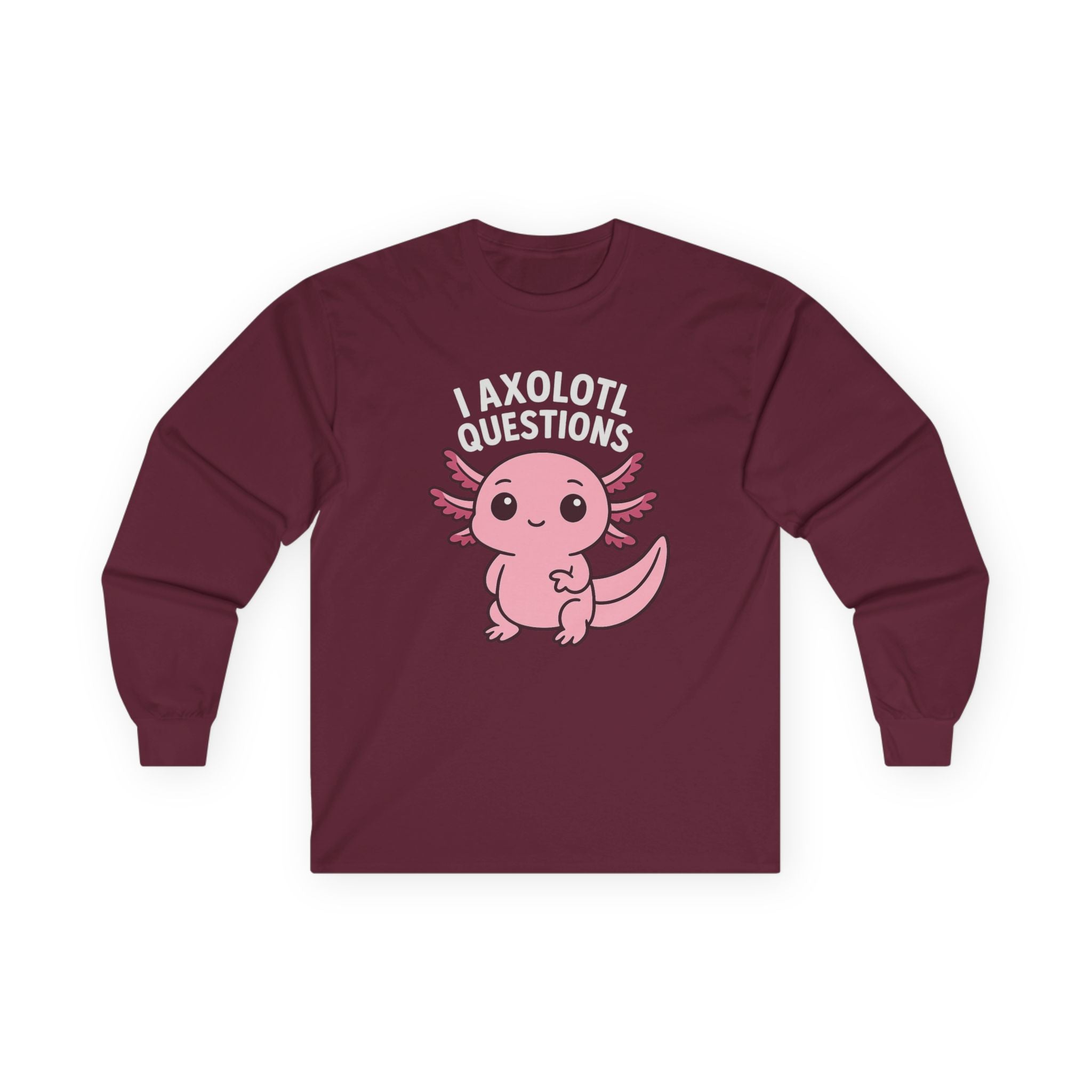 Cute Pink Axolotl Long Sleeve Tee — "I Axolotl Questions" Graphic Salamander Shirt - Adult