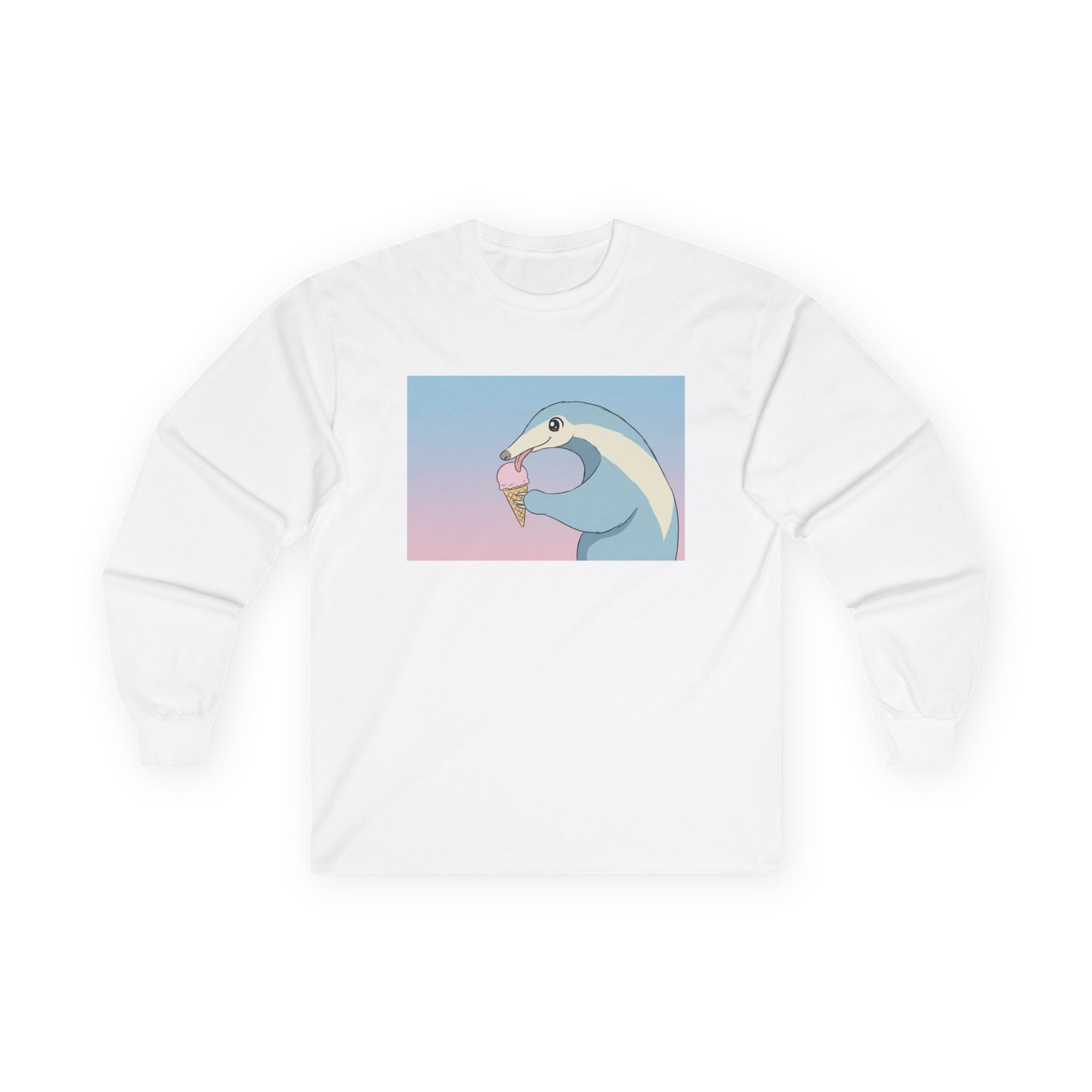 Anteater Eating Ice Cream Long Sleeve Tee — Cute Pastel Anteater Graphic Shirt - Adult