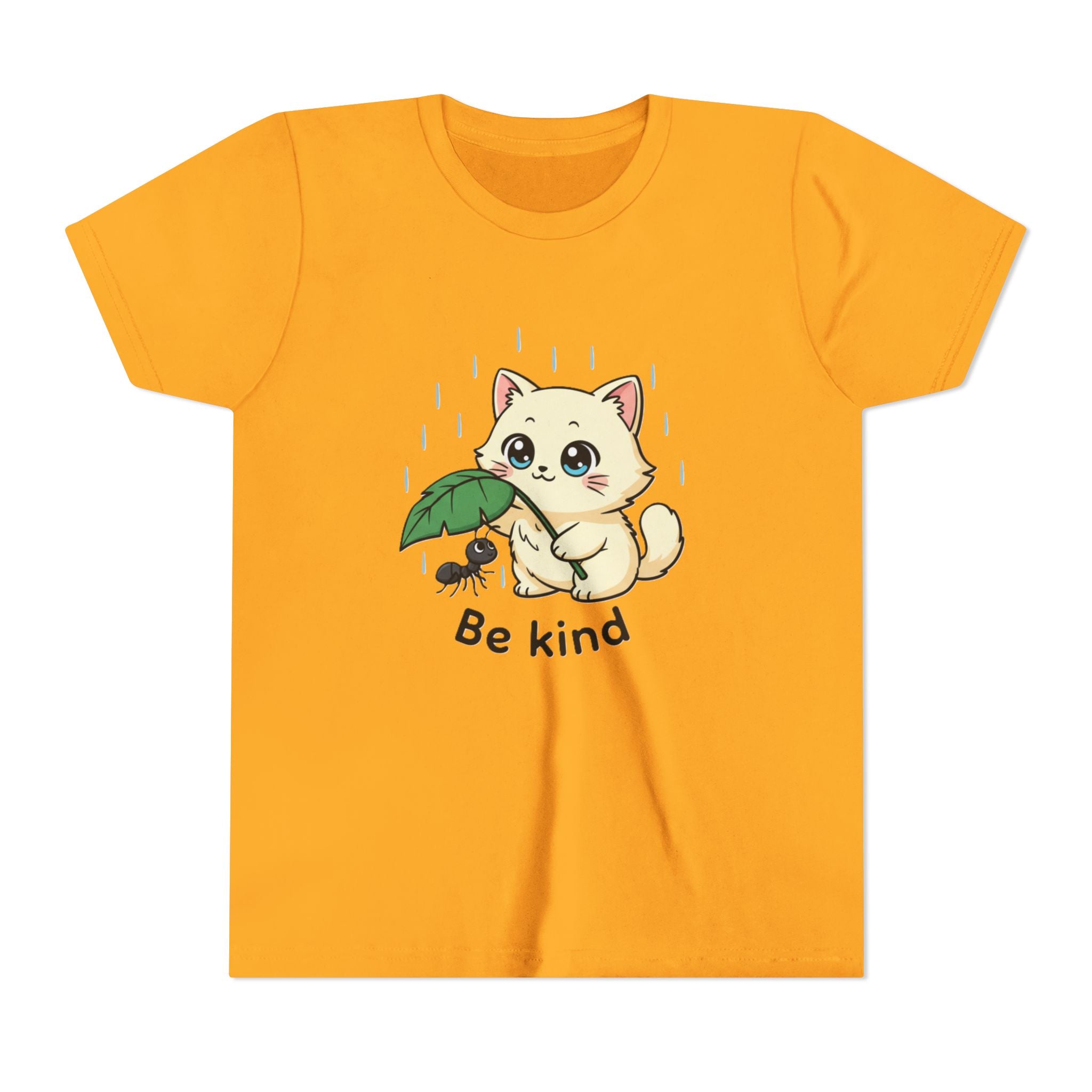 Youth Tee — Cute Kitten Holding Leak Umbrella over Ant with 'Be Kind' Message - Kids