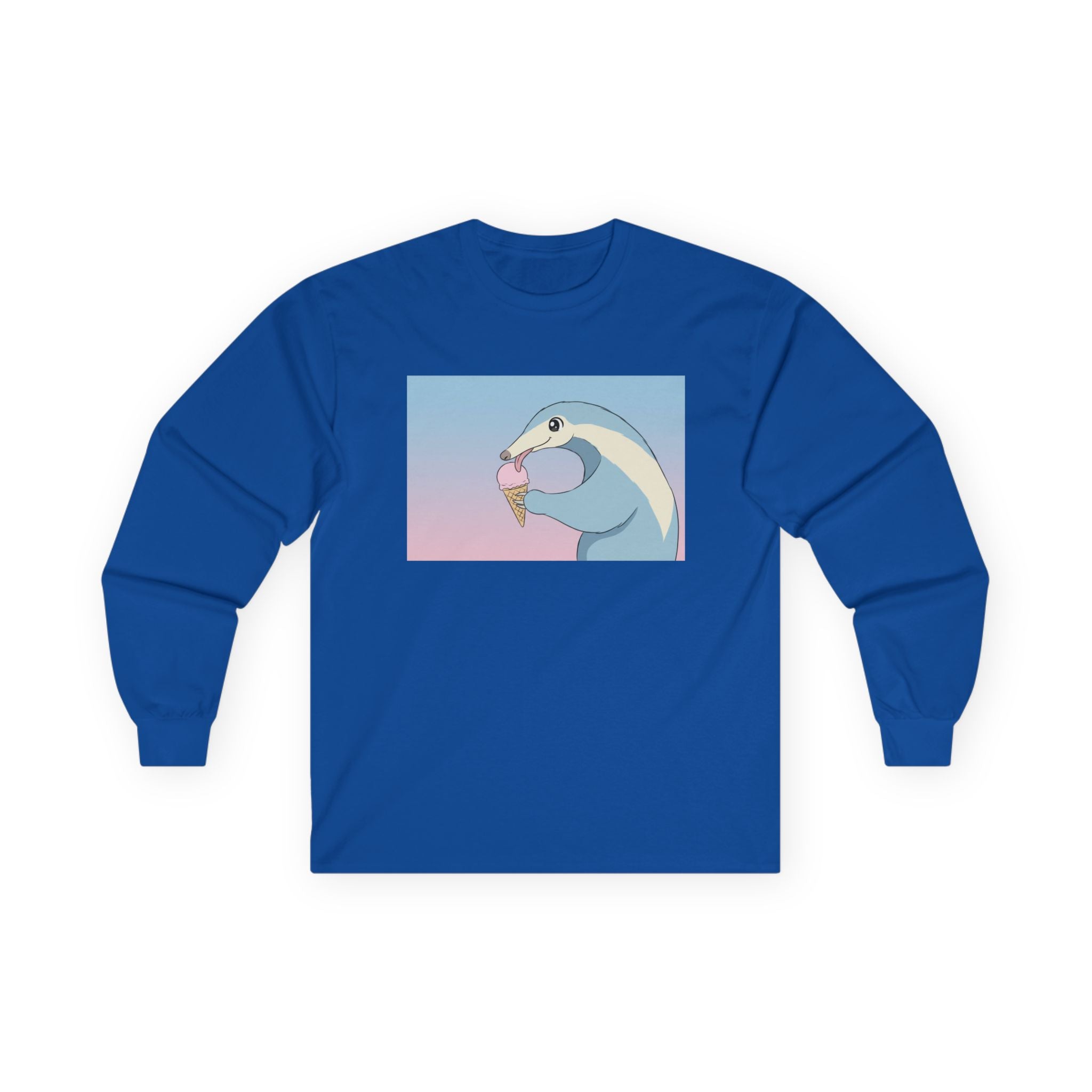 Anteater Eating Ice Cream Long Sleeve Tee — Cute Pastel Anteater Graphic Shirt - Adult